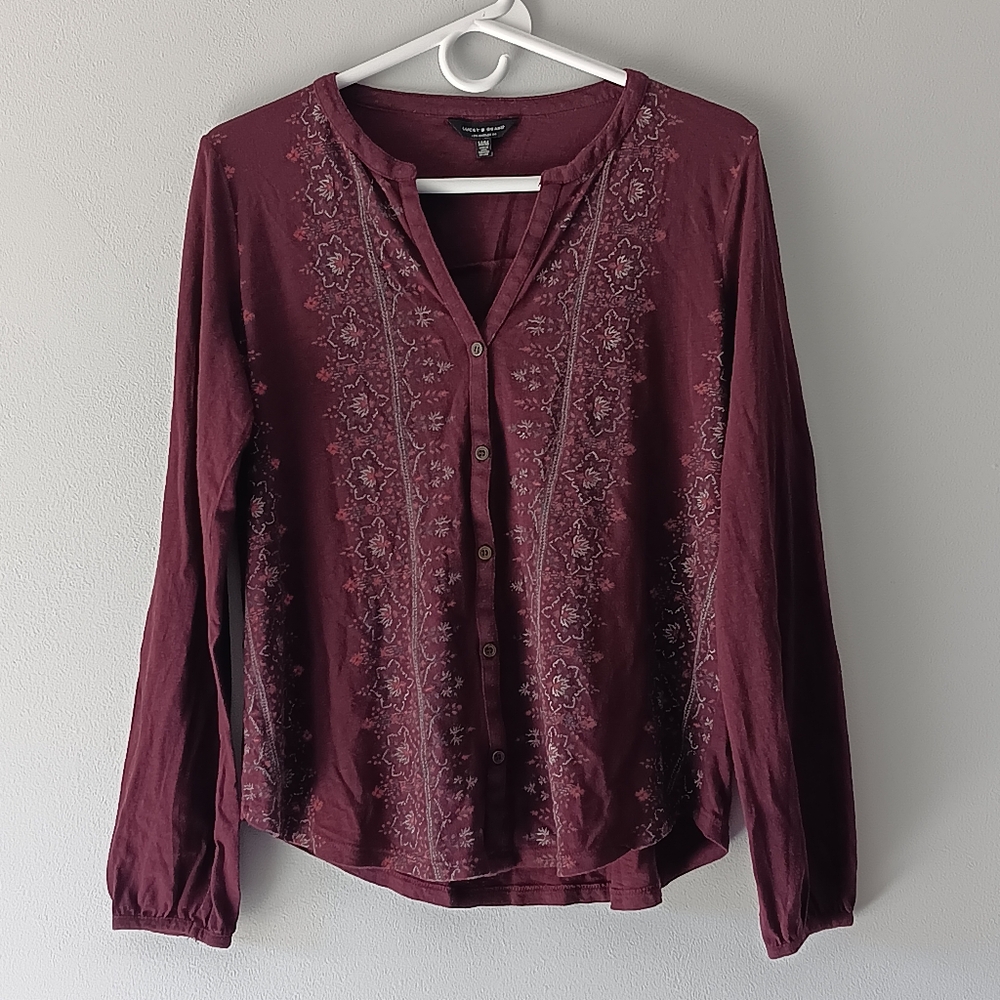 Lucky Brand Long-Sleeved Cotton Blend V-Neck Shirt Floral Purple White Medium - Picture 12 of 14